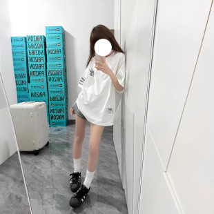 美式高街三条纹字母刺绣纯棉短袖t恤女夏季潮牌宽松白色重磅上衣