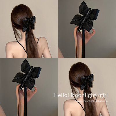 法式黑色缎面蝴蝶结猫耳飘带香蕉夹女气质后脑勺马尾鲨鱼发抓夹子
