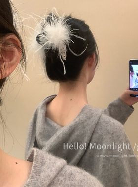 超仙~绝美闪钻白色羽毛抓夹女大号后脑勺鲨鱼夹子韩国ins风头发饰