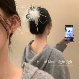 超仙~绝美闪钻白色羽毛抓夹女大号后脑勺鲨鱼夹子韩国ins风头发饰