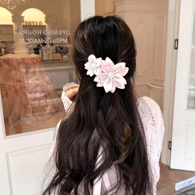 【慕奈】超仙粉色大号缎面樱花珍珠发夹女氛围感侧边后脑勺夹发饰