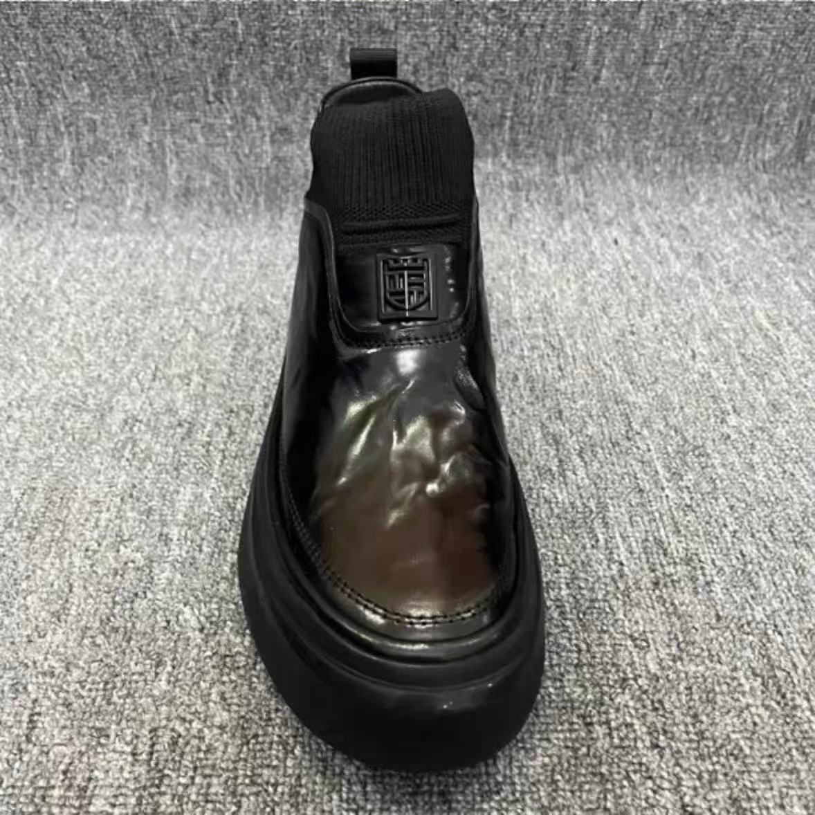 广州男士冬款中筒靴油蜡牛皮厚底休闲一脚蹬板鞋潮加绒棉鞋9520XY