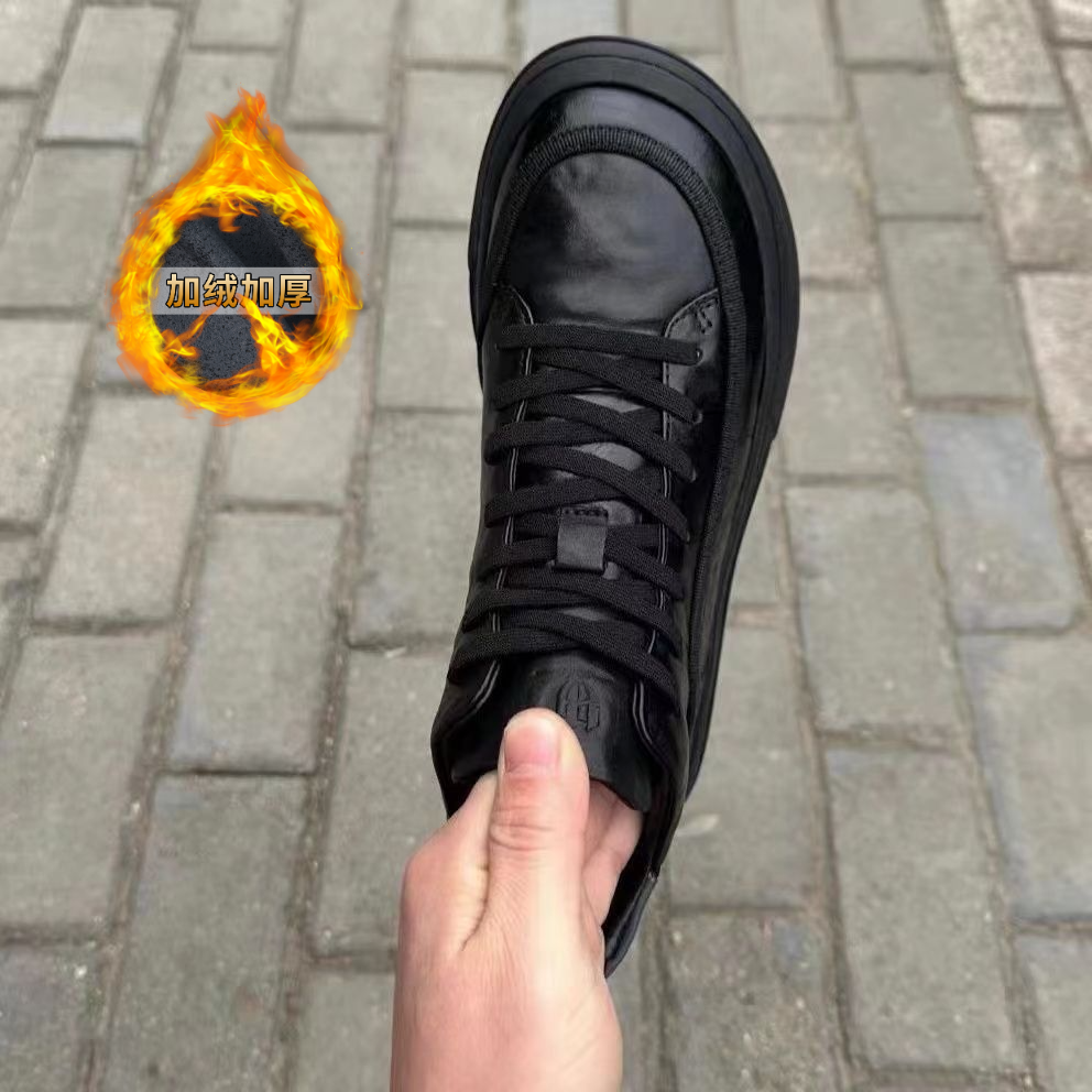 潮男2024秋冬爆纯色牛皮加绒休闲板鞋运动圆头百搭皮鞋棉鞋韩青年