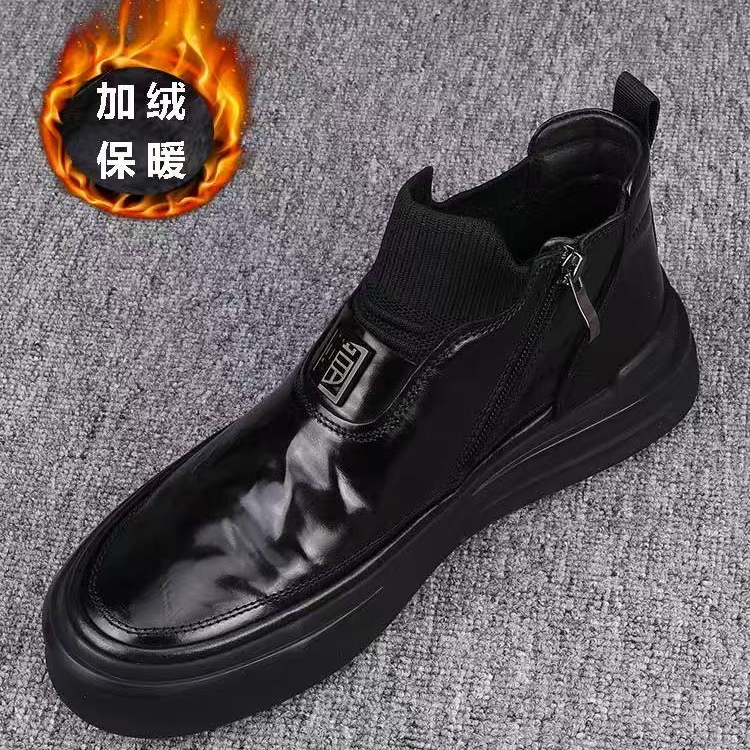 牛皮秋冬季休闲新款加绒时尚男士头层牛皮侧拉链休闲男皮鞋