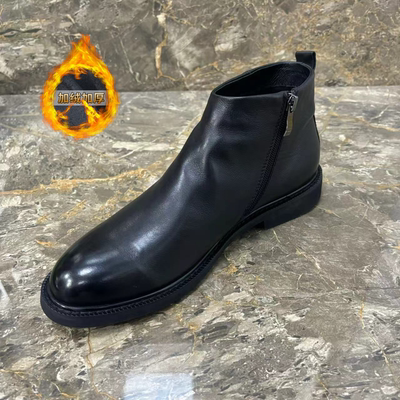 纯牛皮男鞋冬季厚底新款潮流真皮高帮棉皮鞋男加绒切尔西靴男士鞋