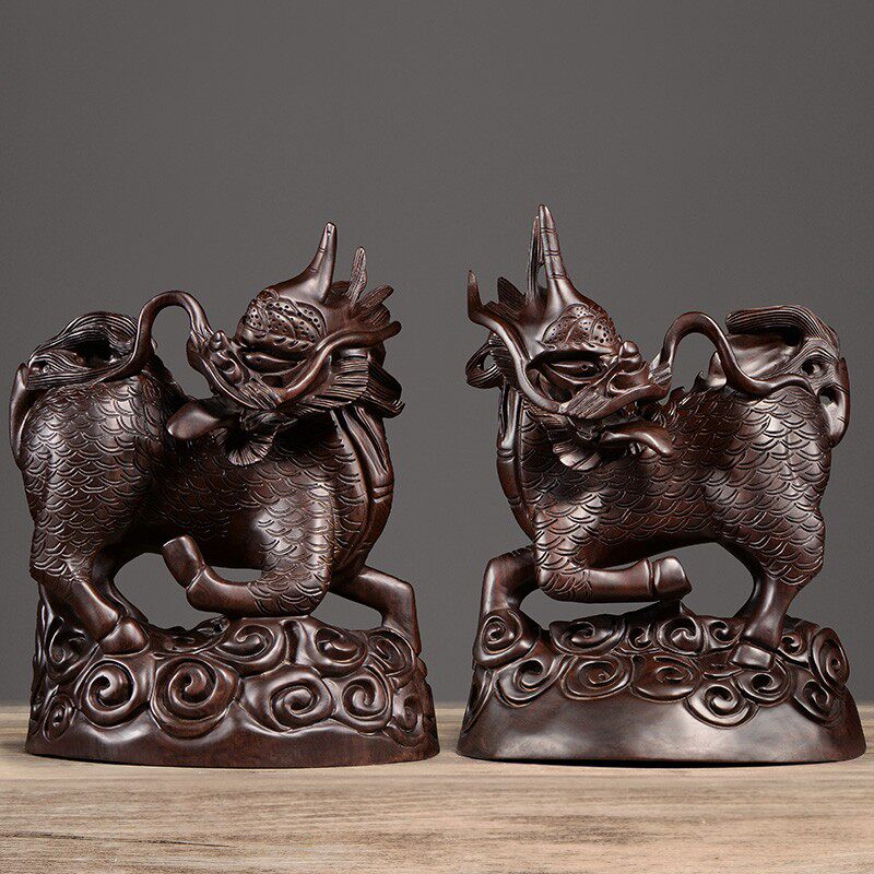 黑檀木雕麒麟摆件木质一对办公室客厅玄关家居装饰瑞兽摆设工艺品