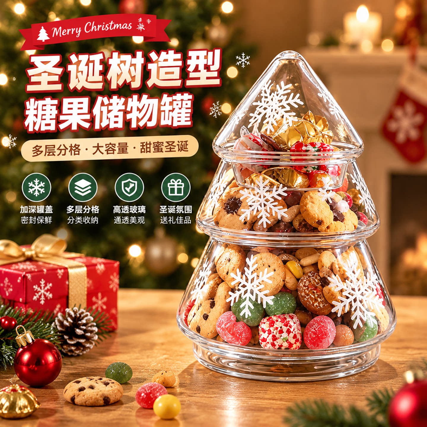 圣诞树玻璃瓶储物罐收纳装饰