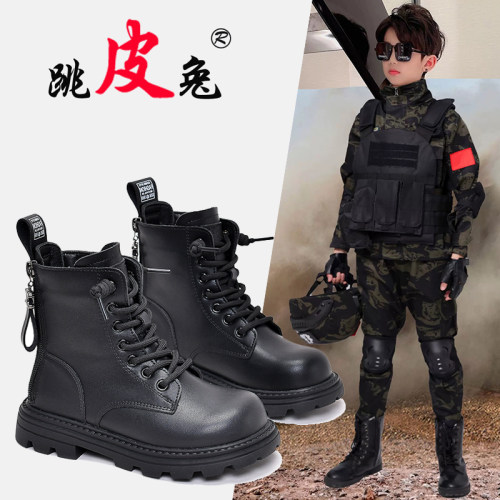 跳皮兔男童真皮加绒马丁靴秋冬