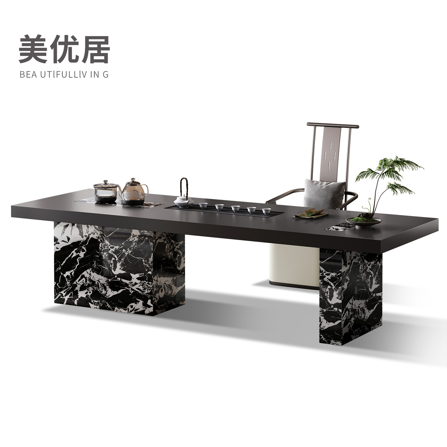 意式轻奢岩板茶桌椅大板极简设计师款茶台桌网红高级感茶台办公室
