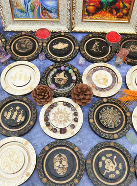 木制多款圆形手链盘月相雕刻图案六芒星月亮手串盘摆件水晶收纳