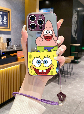 适用苹果16promax手机壳15plus补妆镜面ihpone14挂绳12pro新款iphon11套13软xsmax防摔xs女x7xr海绵宝宝8plus