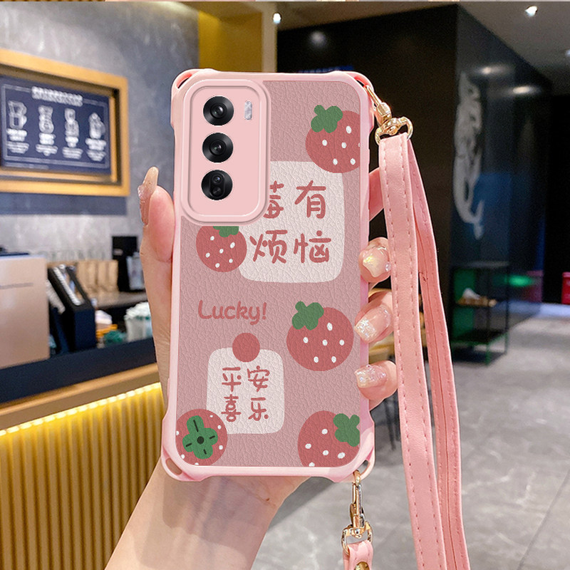 草莓适用OPPOReno12pro手机壳Reno11斜跨10挂绳9s新款7se全包8新款6软5k潮4皮OPPOFindX8外壳OPPOK12套r17r15