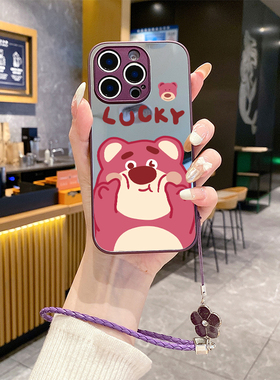 适用苹果16promax手机壳15plus补妆镜面ihpone14挂绳12pro新款iphon11套13网红xsmax防摔xs女x7xr草莓熊8plus