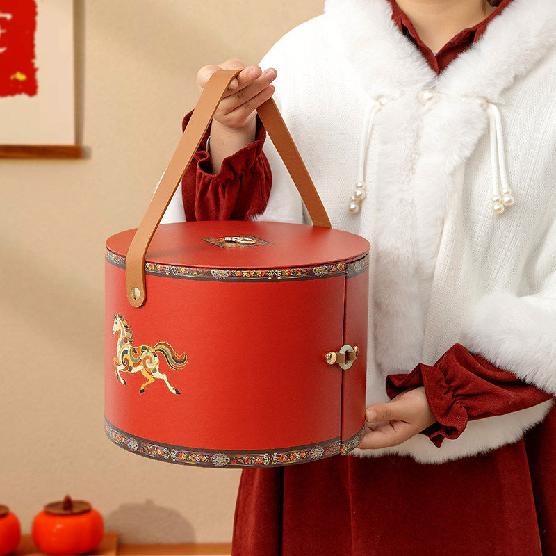 高档双层大尺寸红色新年礼盒糖果坚果伴手礼包装圆筒空盒可定制