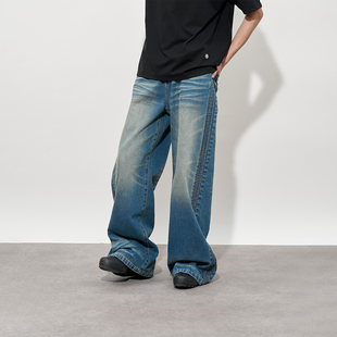 闷与狂FMACM 做旧泛黄水洗捏褶牛仔长裤