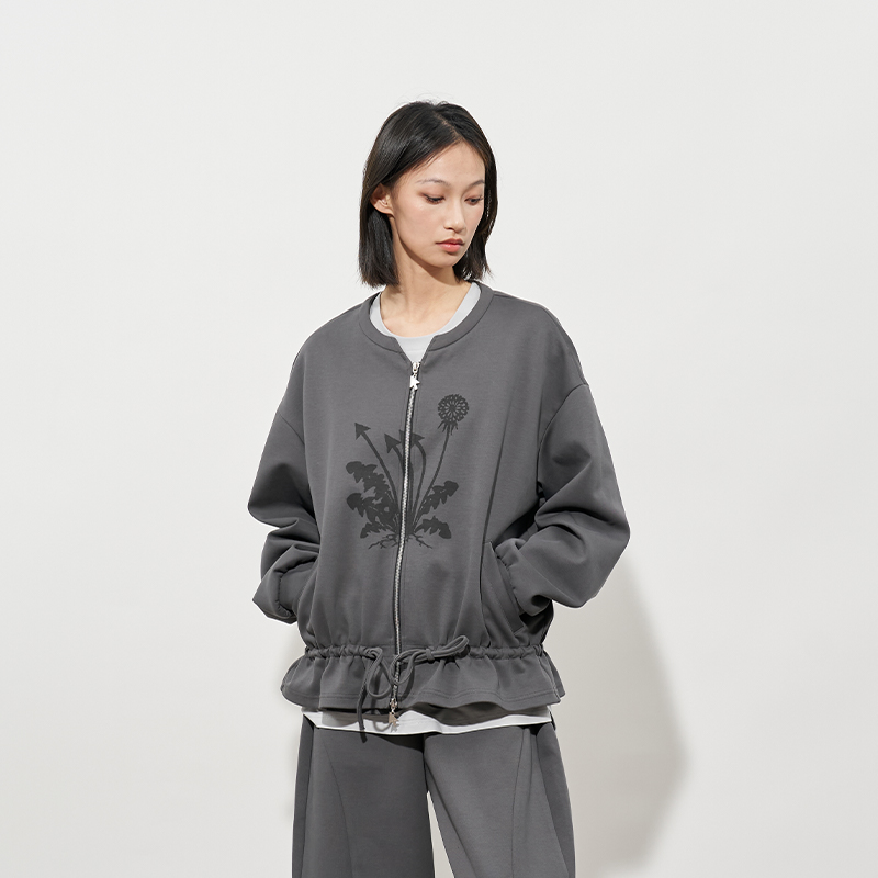 闷与狂FMACM 抽绳收腰破缝圆领印花卫衣开衫2025春季情侣拉链外套