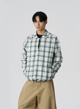 FMACM闷与狂 半开襟翻领抽绳格纹衬衫日系秋季新款百搭宽松外套