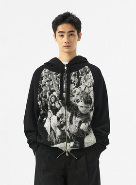 FMACM闷与狂 黑白复古针织连帽毛衣