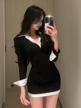 Pure Desire Sexy Hot Girl Contrast Color Fake Two-Piece Dress Women's Autumn and Winter New Slim Fit Inner Hip-Covering Short Skirt