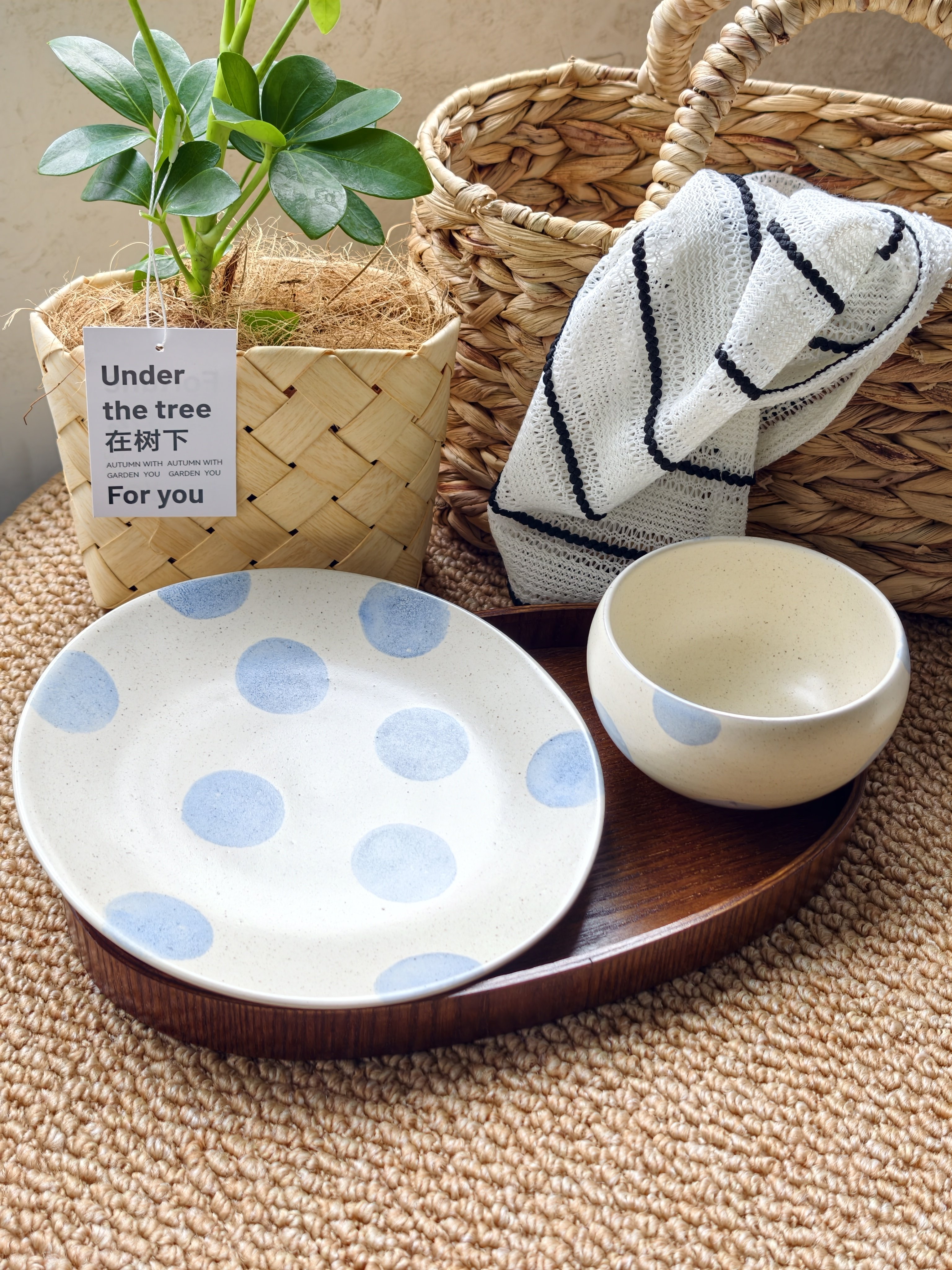 复古粗陶蓝色波点陶瓷餐具一人食盘