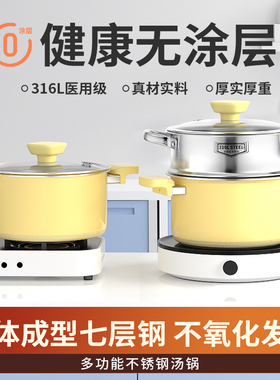 汤锅316L不锈钢加厚家用蒸炖肉煮粥煮面燃气电磁炉专用双耳蒸煮锅