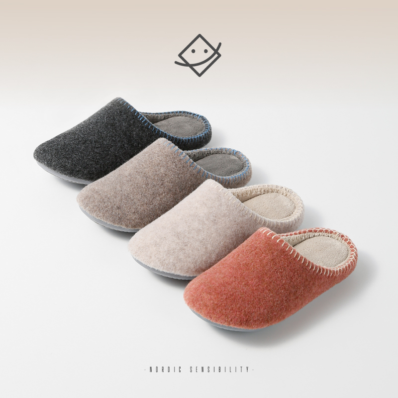 珂缔缘秋冬款日式居家木地板防水防滑静音男女情侣毛毡保暖棉拖鞋