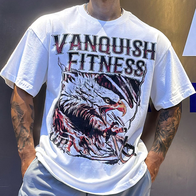 英国Vanquish男女VQ宽松休闲大码运动短袖复古老鹰弹力水洗棉T恤