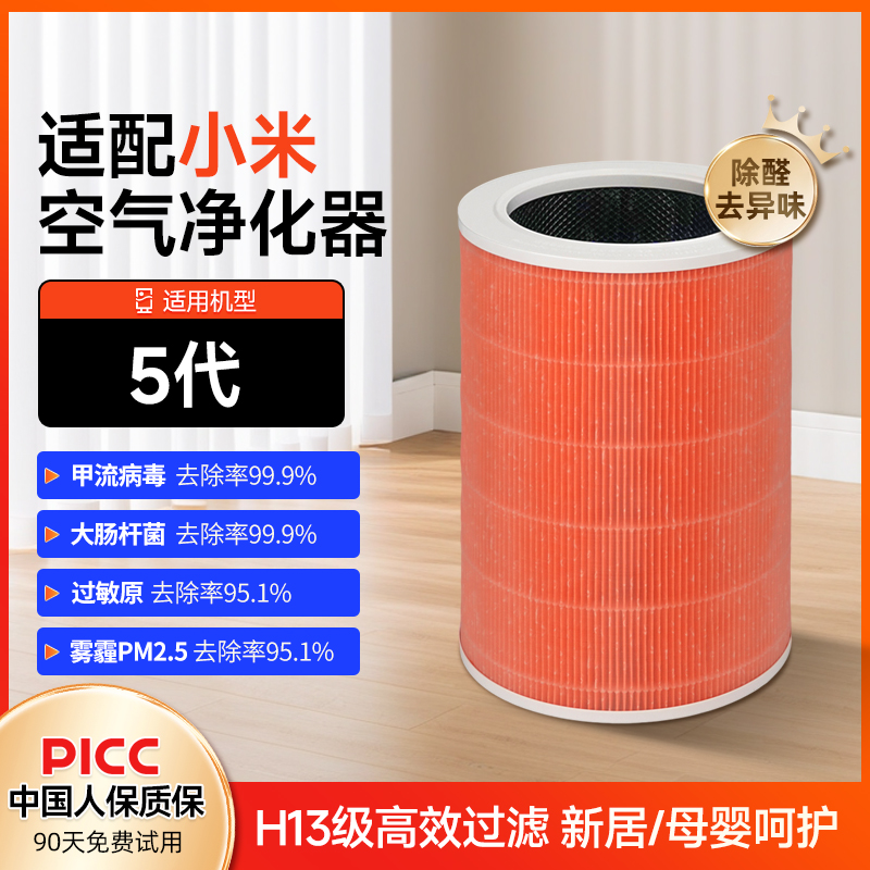 适配小米空气净化器滤芯5代/AC-M25-SC除醛除霾集尘H13高效过滤网