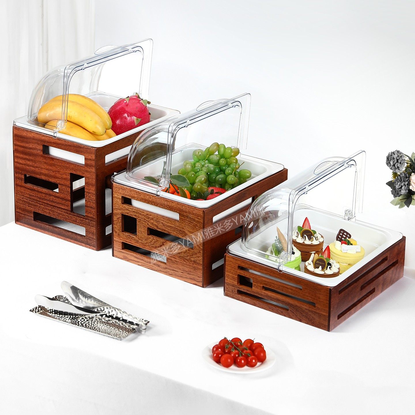 自助餐仿瓷密胺盆实木展示盘冷餐带盖水果沙拉面包明档甜品台摆台
