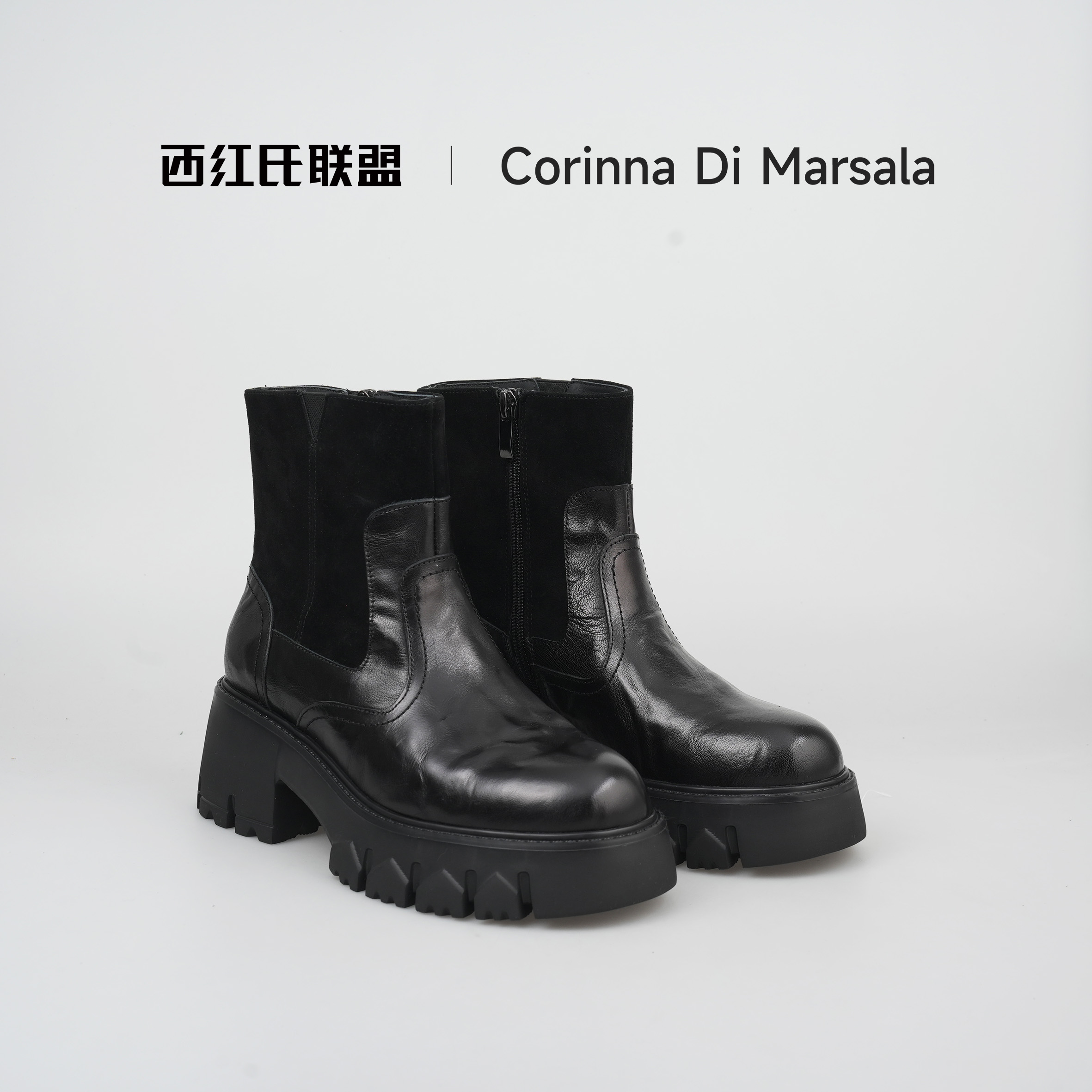 【大壮•西红氏】新款羊皮厚底休闲真皮增高短筒时装靴跟高6cm