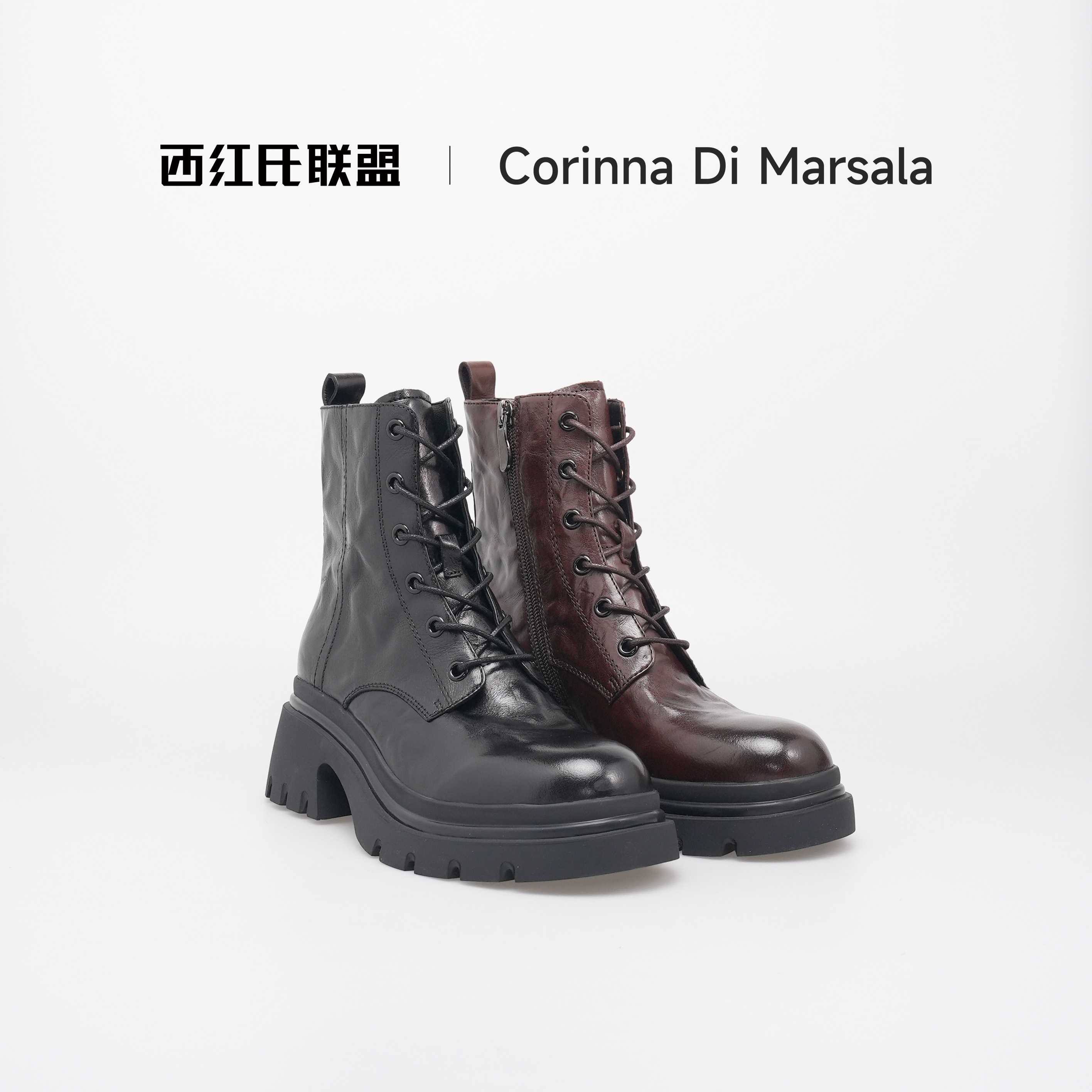 【大壮•西红氏】外牛内羊跟高5厘米圆头中筒半码拍大烟管靴