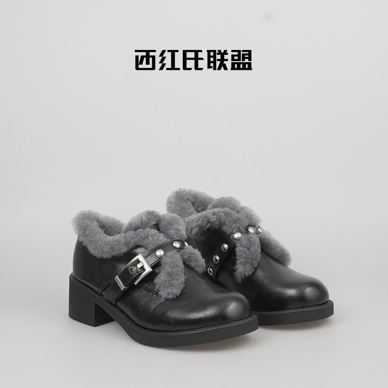 【大壮·西红氏】水晶羊皮~25冬季新款英伦风粗跟羊毛加绒乐福鞋,女鞋,棉鞋,淘宝优惠券,粉丝福利购,淘宝优惠卷