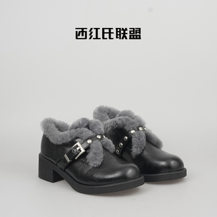 【大壮·西红氏】水晶羊皮~25冬季新款英伦风粗跟羊毛加绒乐福鞋
