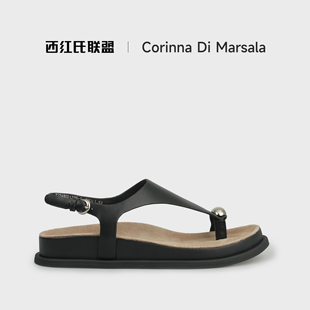 【大壮•西红氏】明星同款夏季新款法式度假风夹趾外牛内羊凉鞋女