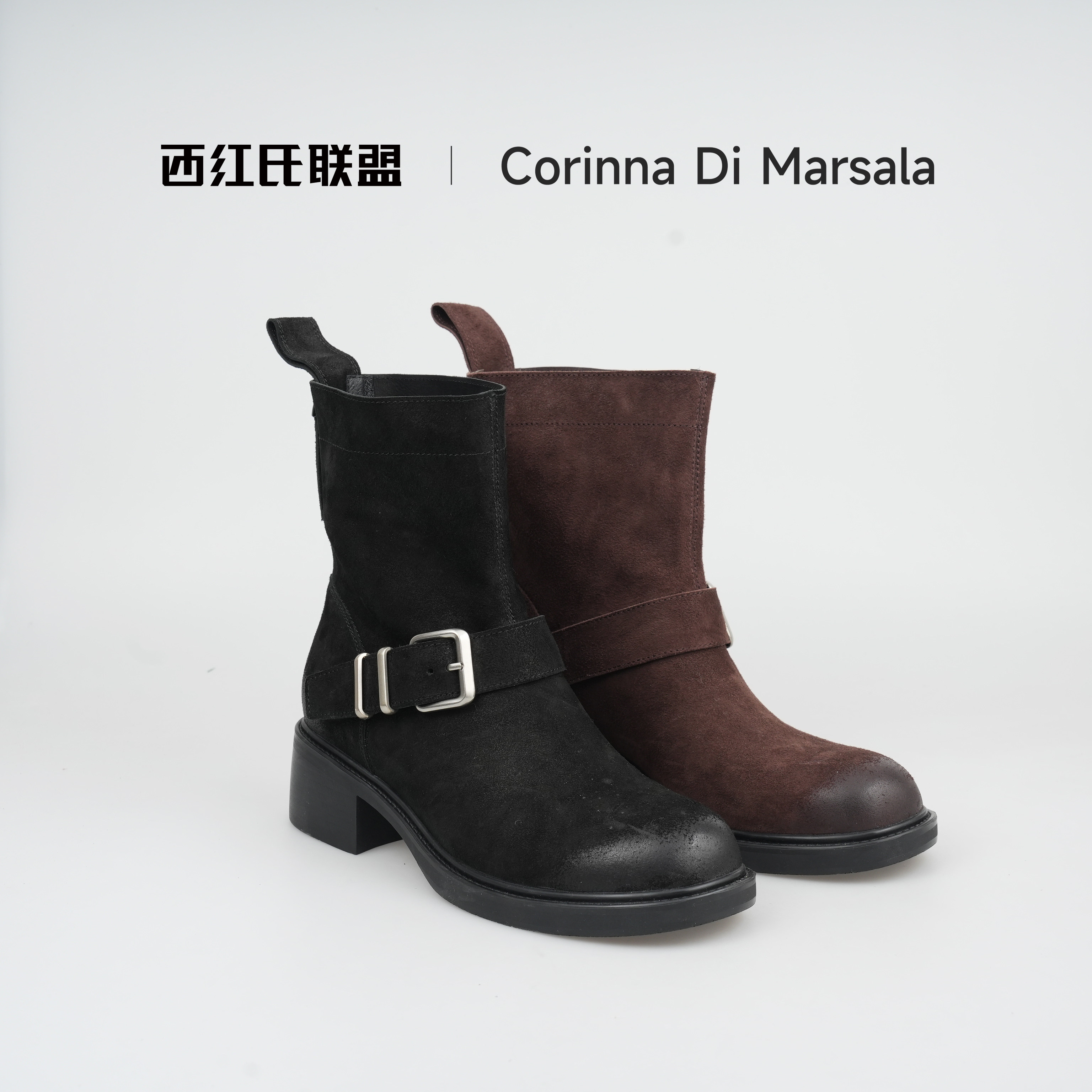 【大壮•西红氏】抛蜡牛反绒~2025新款复古粗跟牛仔靴跟高4.5cm,女鞋,时装靴,淘宝优惠券,粉丝福利购,淘宝优惠卷