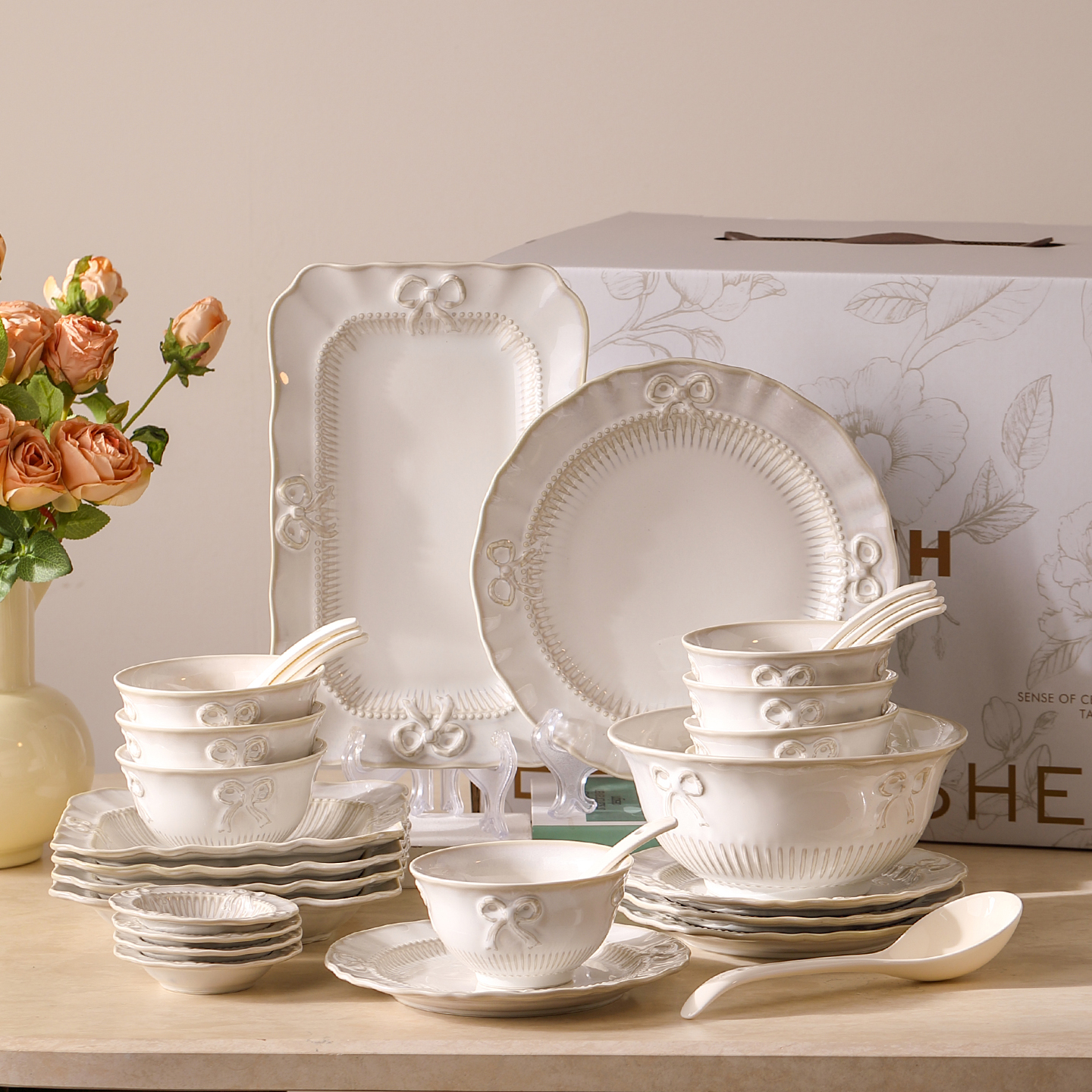 GLOHH复古窑变蝴蝶结餐具碗碟套装家用碗筷盘子餐具乔迁新居礼盒