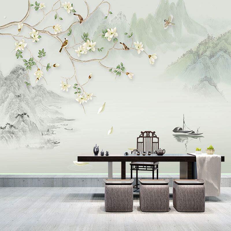 客厅贴画自粘高档中国风墙贴画壁纸水墨山水画客厅卧室背景墙新中