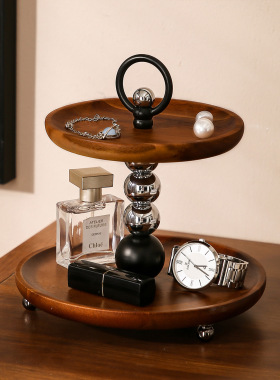 中古风胡桃木双层收纳钥匙首饰架