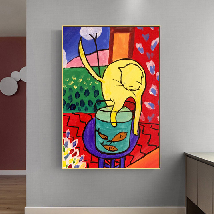 猫和金鱼 野兽派现代抽象艺术画入户玄关装饰画走廊挂画动物壁画图片