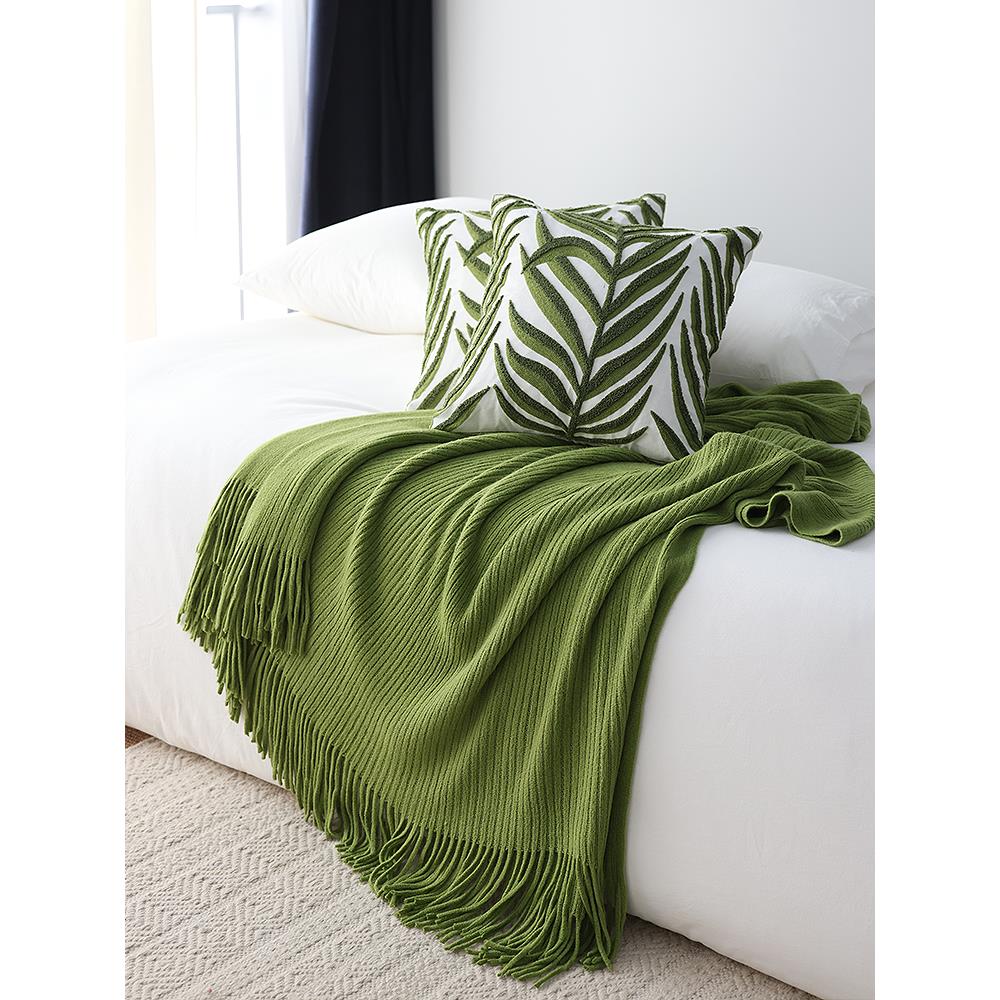 北欧田园风草绿色针织毯子床尾巾盖毯沙发装饰毯纯色包邮新款民宿