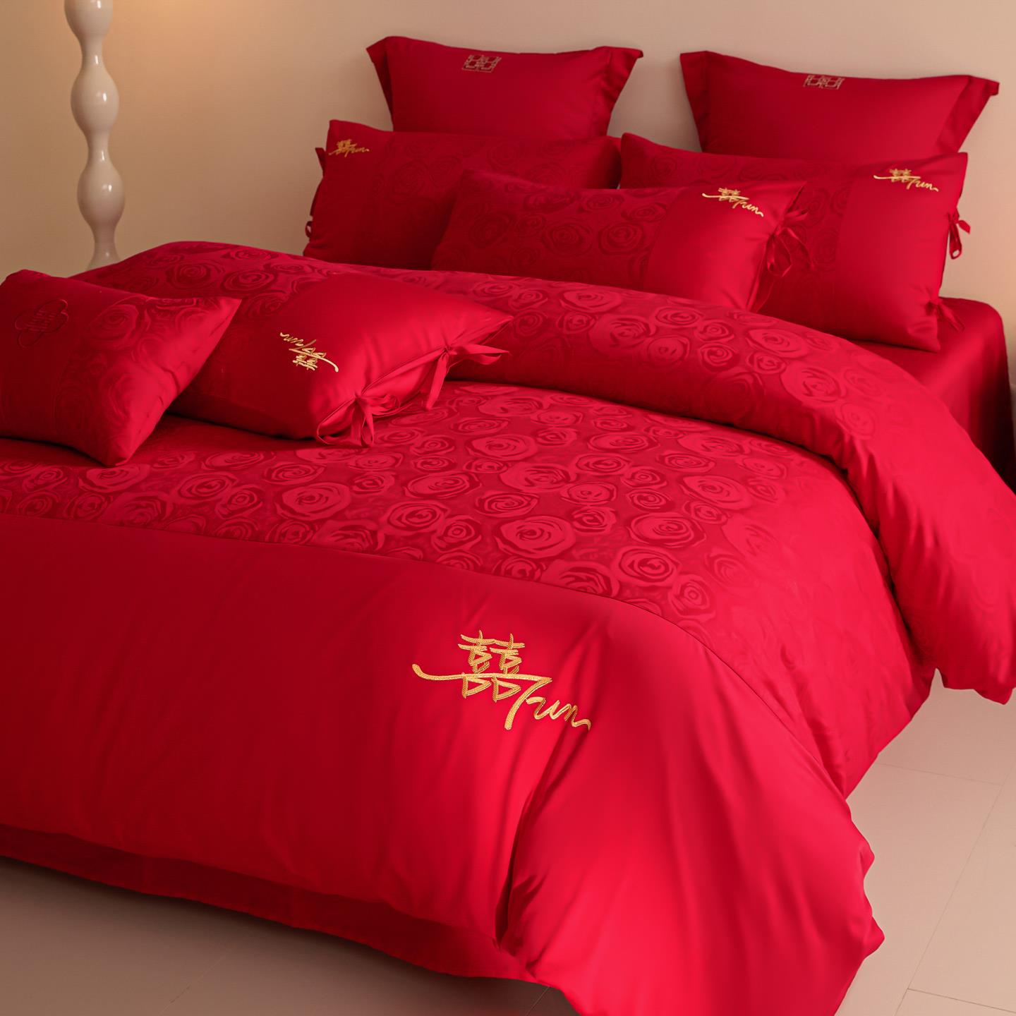 高档提花100支全棉婚庆四件组红色纯棉结婚陪嫁喜被套床单上用品4