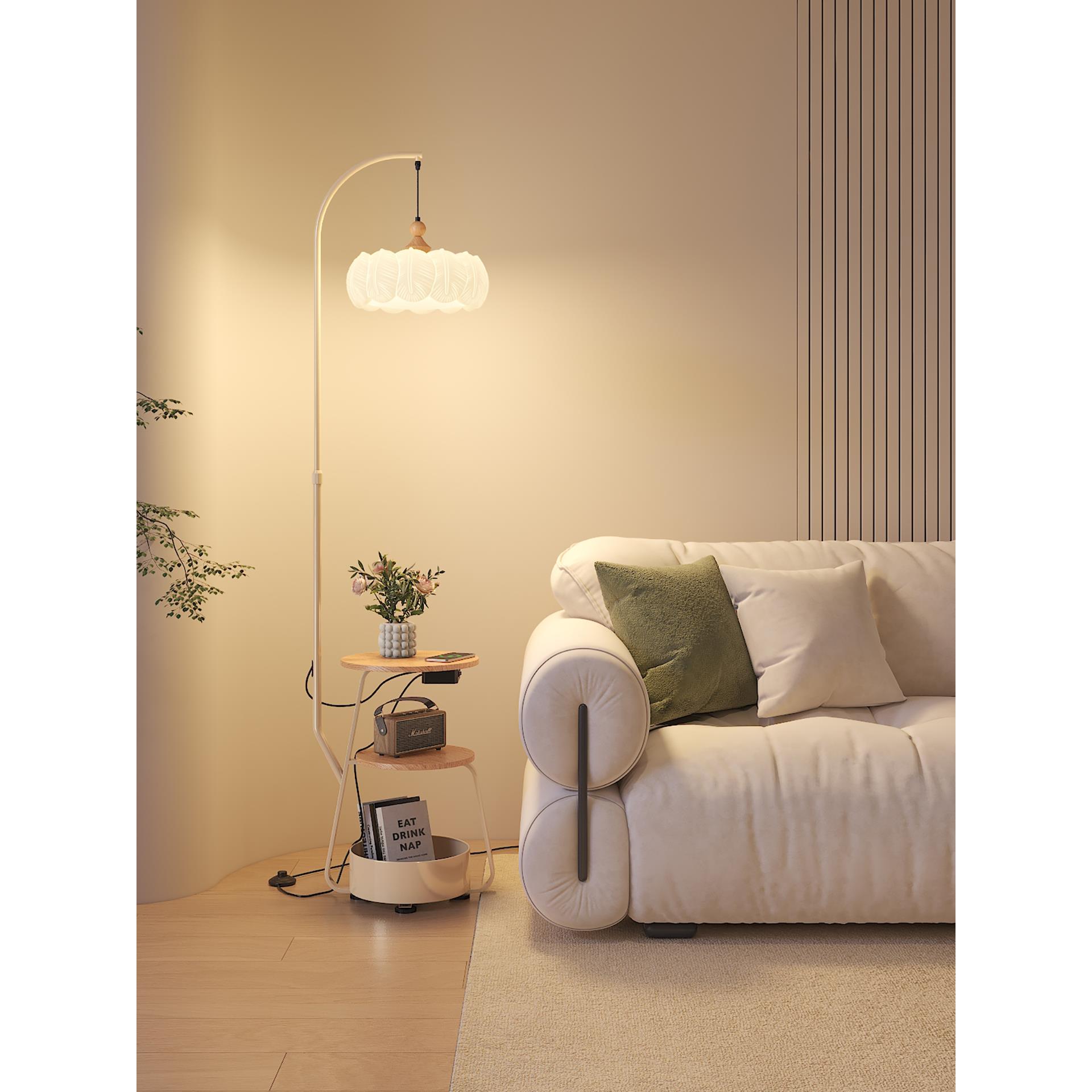 原木风落地灯客厅沙发旁置物架无线充电一体装饰灯卧室床头氛围灯