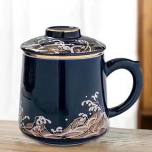 陶瓷茶水分离泡茶杯描金个人专用办公室水杯带盖过滤杯子陶瓷茶杯