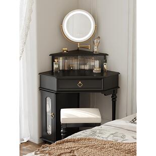 小型实木转角梳妆台60CM卧室法式覆古风三角化妆桌拐角收纳柜一体