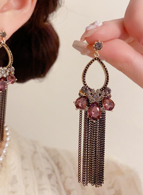 「YU心」轻奢复古夸张手工款咖啡金镶钻水滴流苏耳环