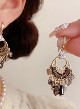 「YU心」轻奢复古时尚高级感民族风手工款水滴镂空流苏耳环