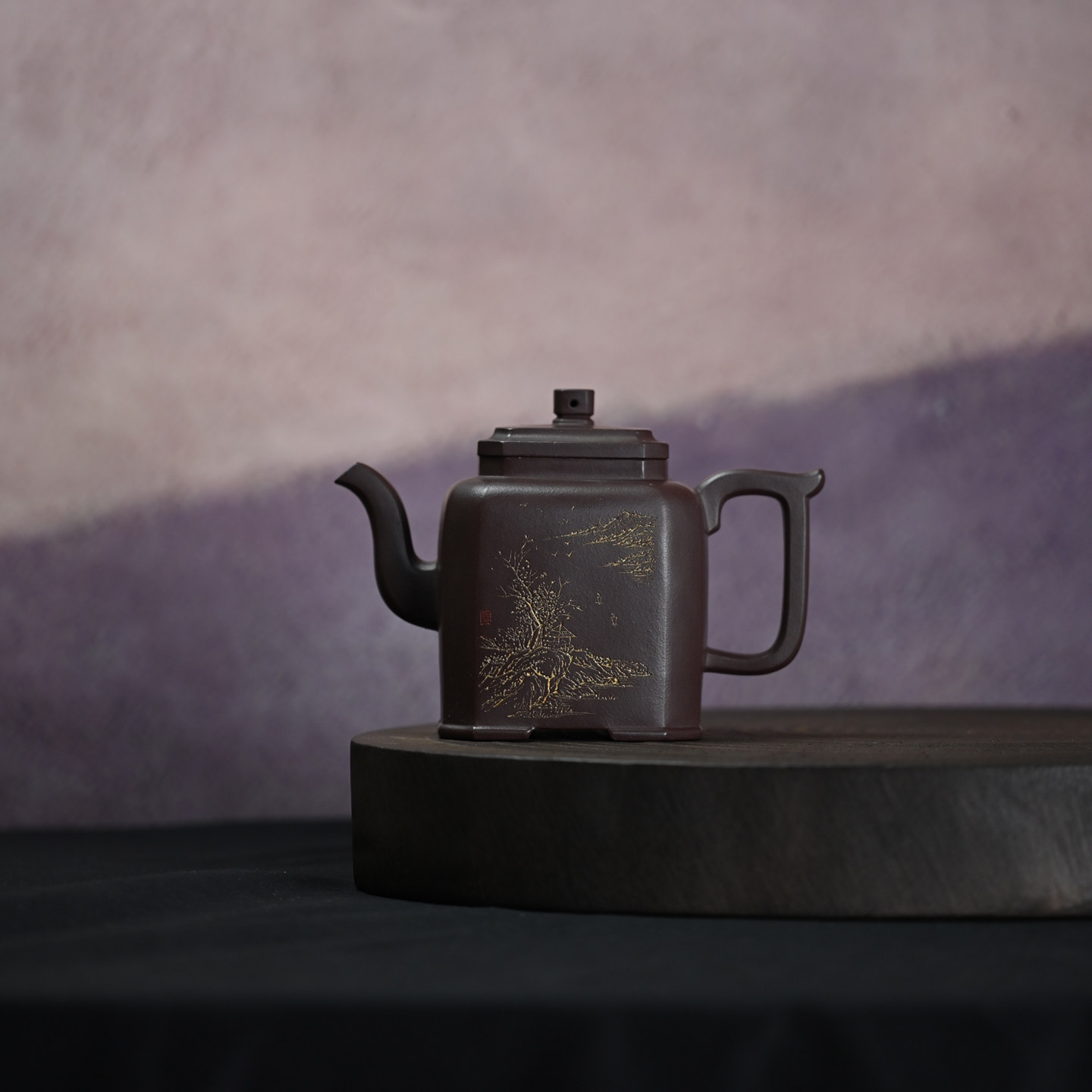名家工艺师宜兴紫砂壶原矿老紫泥葵方壶全手工刻绘功夫茶壶 520ml