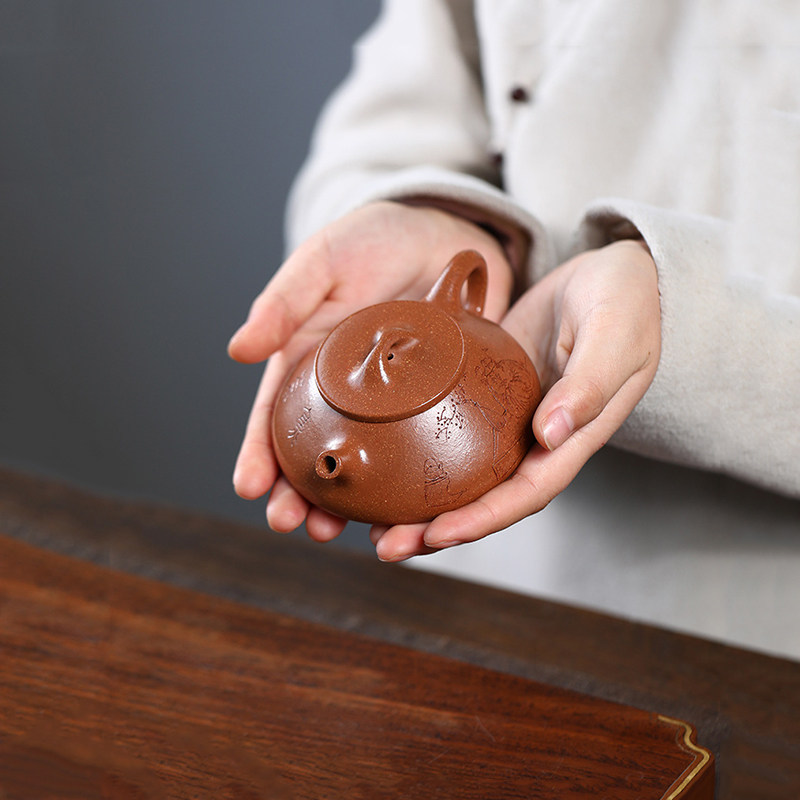 伯元 宜兴紫砂壶原矿降坡泥全纯手工刻绘憨瓢壶短嘴石瓢茶壶可养