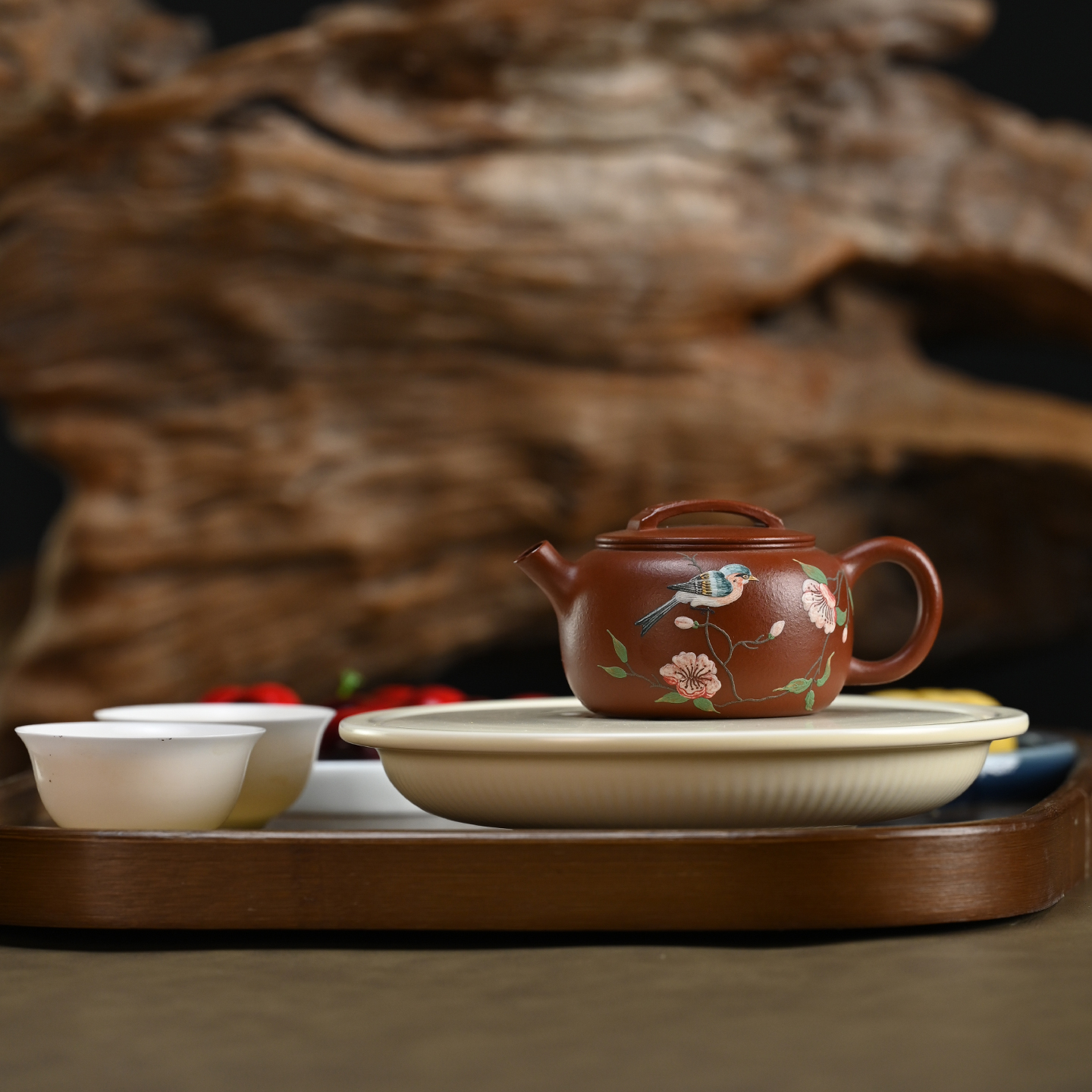 宜兴紫砂壶原矿朱泥圆墩玉瓦壶全手工彩绘家用功夫茶具茶器 120ml