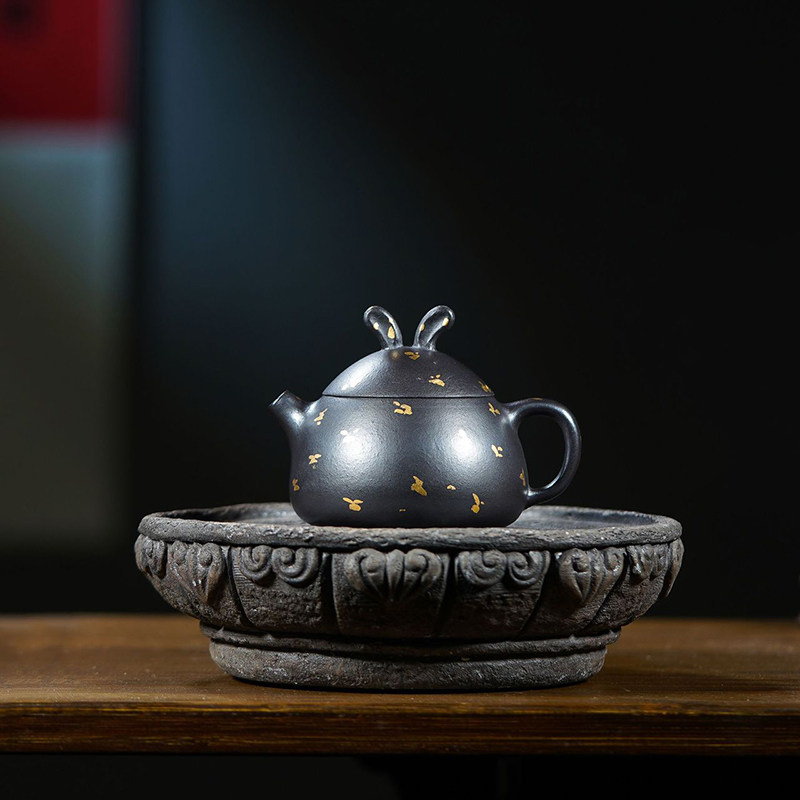 伯元 宜兴紫砂壶原矿黑泥纯全手工洒金萌兔秤砣壶家用茶壶具可养
